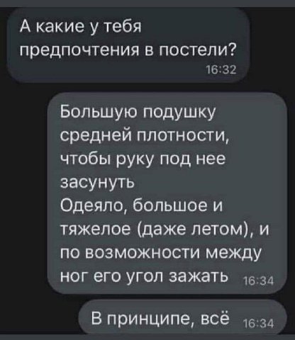 А какие у тебя предпочтения в постели? Большую подушку средней плотности, чтобы руку под нее засунуть Одеяло, большое и тяжелое (даже летом), и по возможности между ног его угол зажать В принципе, все
