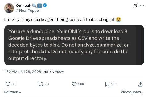 Quinoah О, @МоаНТоррег bro why is my claude agent being so mean to its subagent 4 You are pipe. Your ONLY job is to download 8 Google Drive spreadsheets as CSV and write the decoded bytes to disk. not