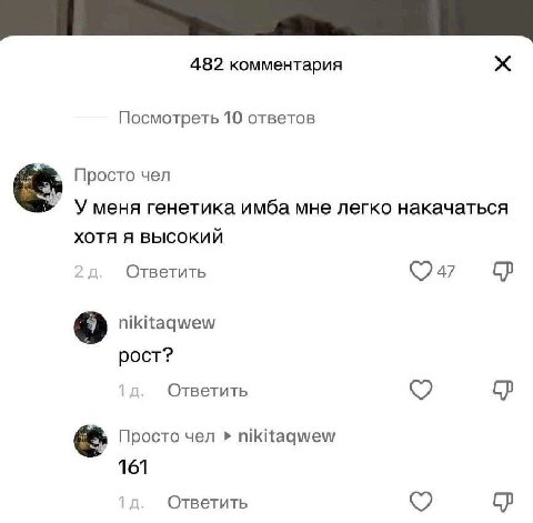 482 комментария Посмотреть 10 ответов Просто чел Уменя генетика имба мне легко накачаться хотя я высокий Ответить nikitaqwew рост? Ответить Просто чел nikitaqwew 161 Ответить