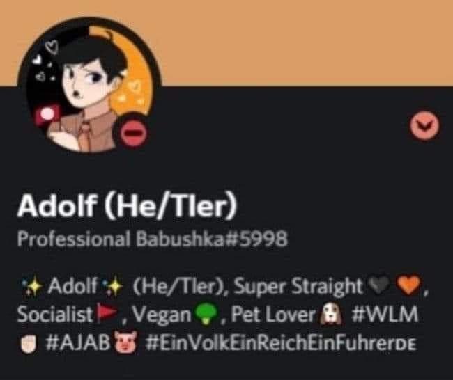 Adolf (Не/Пег) Professional Babushka#5998 Adolf (Не/Пег), Super Straight Socialist Vegan Pet Lover #WLM #EinVolkEinReichEinFuhrerve