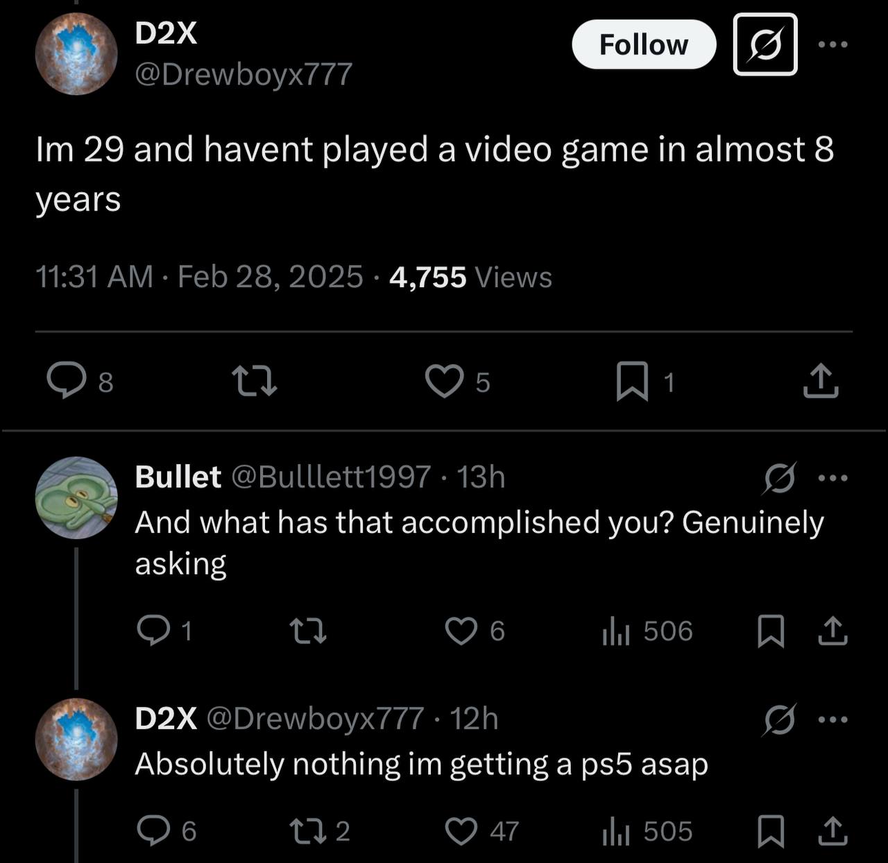 29 and havent played a video game in almost 8 years 11:31 Feb 28, 2025 4,755 Views 1 Bullet And what has that accomplished you? Genuinely asking 1 ili 506 @Drewboyx777 Absolutely nothing getting a asa
