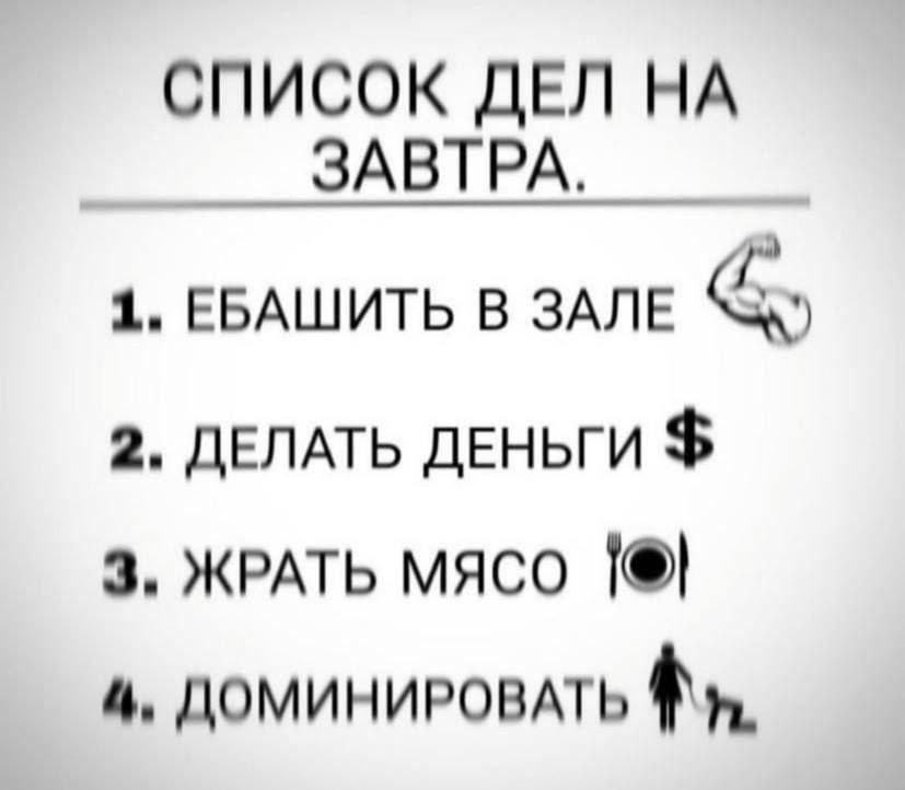 СПИСОК ДЕЛ НА ЗАВТРА. 1. ЕБАШИТЬ В ЗАЛЕ 2, ДЕЛАТЬ ДЕНЬГИ 3, ЖРАТЬ МЯСО 4, ДОМИНИРОВАТЬ