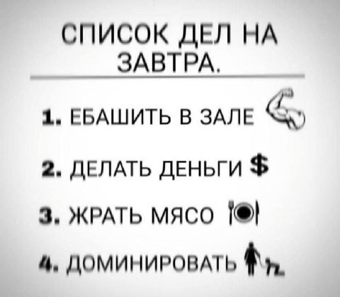 СПИСОК ДЕЛ НА ЗАВТРА. 1. ЕБАШИТЬ В ЗАЛЕ 2, ДЕЛАТЬ ДЕНЬГИ 3, ЖРАТЬ МЯСО 4, ДОМИНИРОВАТЬ