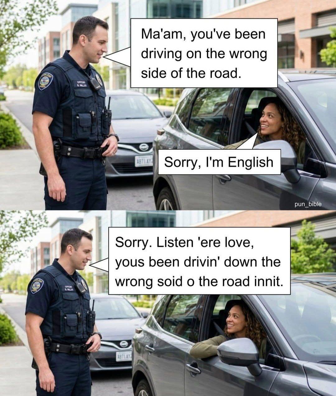 7 Ma'am, you've been driving on the wrong side ite 4% Sorry, English pun_bible Sorry. Listen love, yous been drivin' down the wrong soid the road innit.