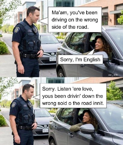 7 Ma'am, you've been driving on the wrong side ite 4% Sorry, English pun_bible Sorry. Listen love, yous been drivin' down the wrong soid the road innit.