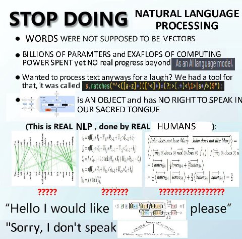 NATURAL LANGUAGE STOP DOIN PROCESSING WORDS WERE NOT SUPPOSED TO BE VECTORS BILLIONS OF PARAMTERS and EXAFLOPS OF COMPUTING POWER SPENT yet NO real progress beyond language Wanted to process text anyw