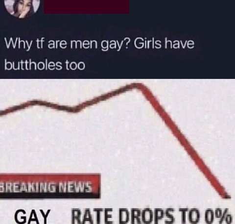 Why are men gay? Girls have buttholes too REAKING NEWS GAY RATE 0%