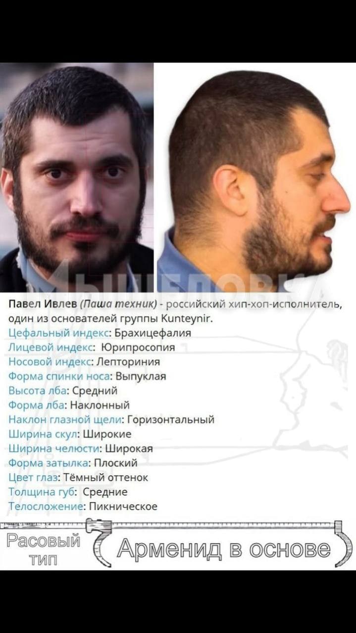 A к у 3 Павел Ивлев (Паша техник) российский хип-хоп-исполнитель, один из основателей группы Kunteynir. Цефальный индекс: Брахицефалия Лицевой индекс: Юрипросопия Носовой индекс: Лепториния Форма спин
