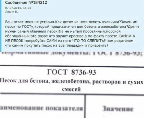 Сообщение №18421 07.07.2016, 15:38 Лидия В. Ваш ответ меня не устроил.Как детям из него лепить куличики?Зачем песок по предназначен для бетона и железобетона?Детям нужен самый обычный песок!!!а не мыт