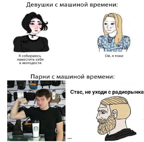 Девушки с машиной времени А Я собираюсь я тоже навестить себя в молодости Парни с машиной времени: Стас, не уходи с радиорынка А