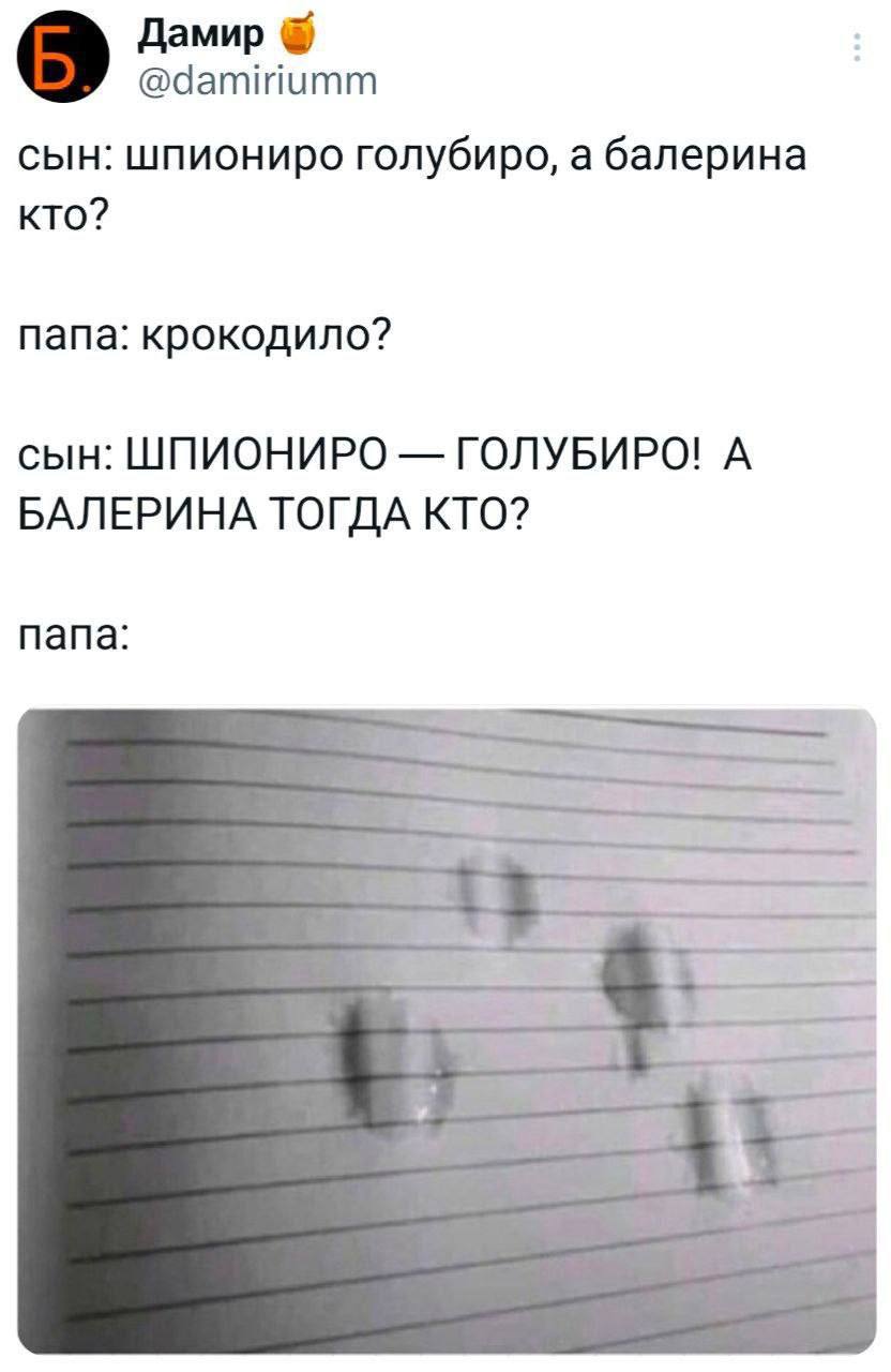 Дамир @damiriumm сын: шпиониро голубиро, а балерина кто? папа: крокодило? сын: ШПИОНИРО ГОЛУБИРО! А БАЛЕРИНА ТОГДА КТО? папа: