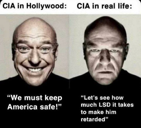 CIA in Hollywood: ClAin real life: “We must keep “Let’s see how America safe!” much LSD it takes to make him retarded”
