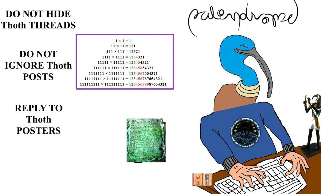 NOT HIDE Thoth THREADS 121 111 111 12321 NOT 1111 1111 1234321 11111 11111 123454321 IGNORE Thoth 111111 111111 12345654321 1111111 1111111 123456765432 POSTS 111111111 12345678987654321 REPLY ТО Thot