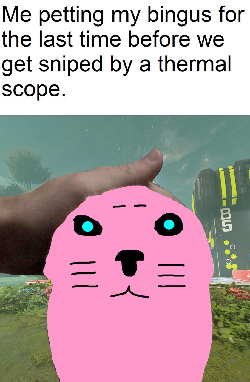 Me petting my bingus for the last time before we get sniped a thermal scope. 4 о