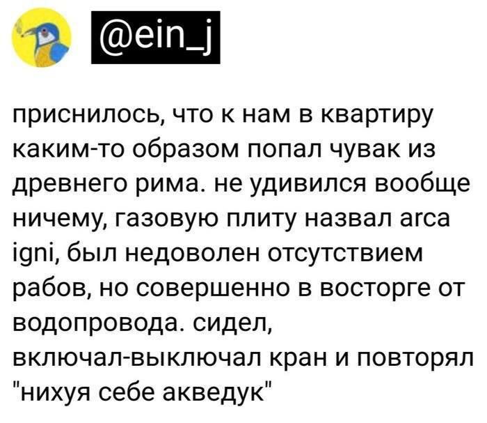 приснилось, что к нам в квартиру каким-то образом попал чувак из древнего рима. не удивился вообще ничему, газовую плиту назвал агса igni, был недоволен отсутствием рабов, но совершенно в восторге от 