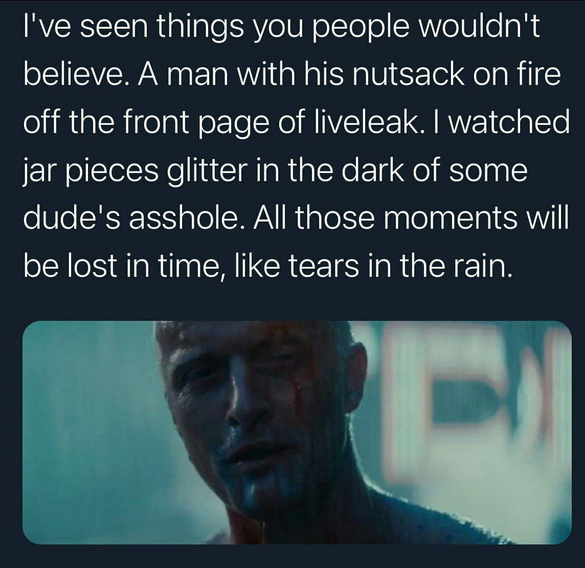 I've seen things you people wouldn't believe. A man with his nutsack on fire off the front page of liveleak. watched jar pieces glitter in the dark of some dude's asshole. All those moments will be lo
