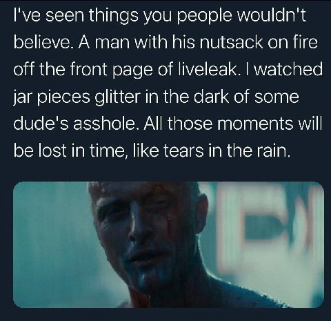I've seen things you people wouldn't believe. A man with his nutsack on fire off the front page of liveleak. watched jar pieces glitter in the dark of some dude's asshole. All those moments will be lo