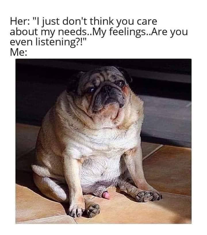 Her: just don't think you саге about my needs..My feelings..Are you even listening?!" Me: