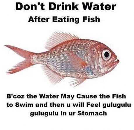 Don't Drink Water After Eating Fish 179) 2 B'coz the Water May Cause the Fish to Swim and then will Feel gulugulu gulugulu in Stomach