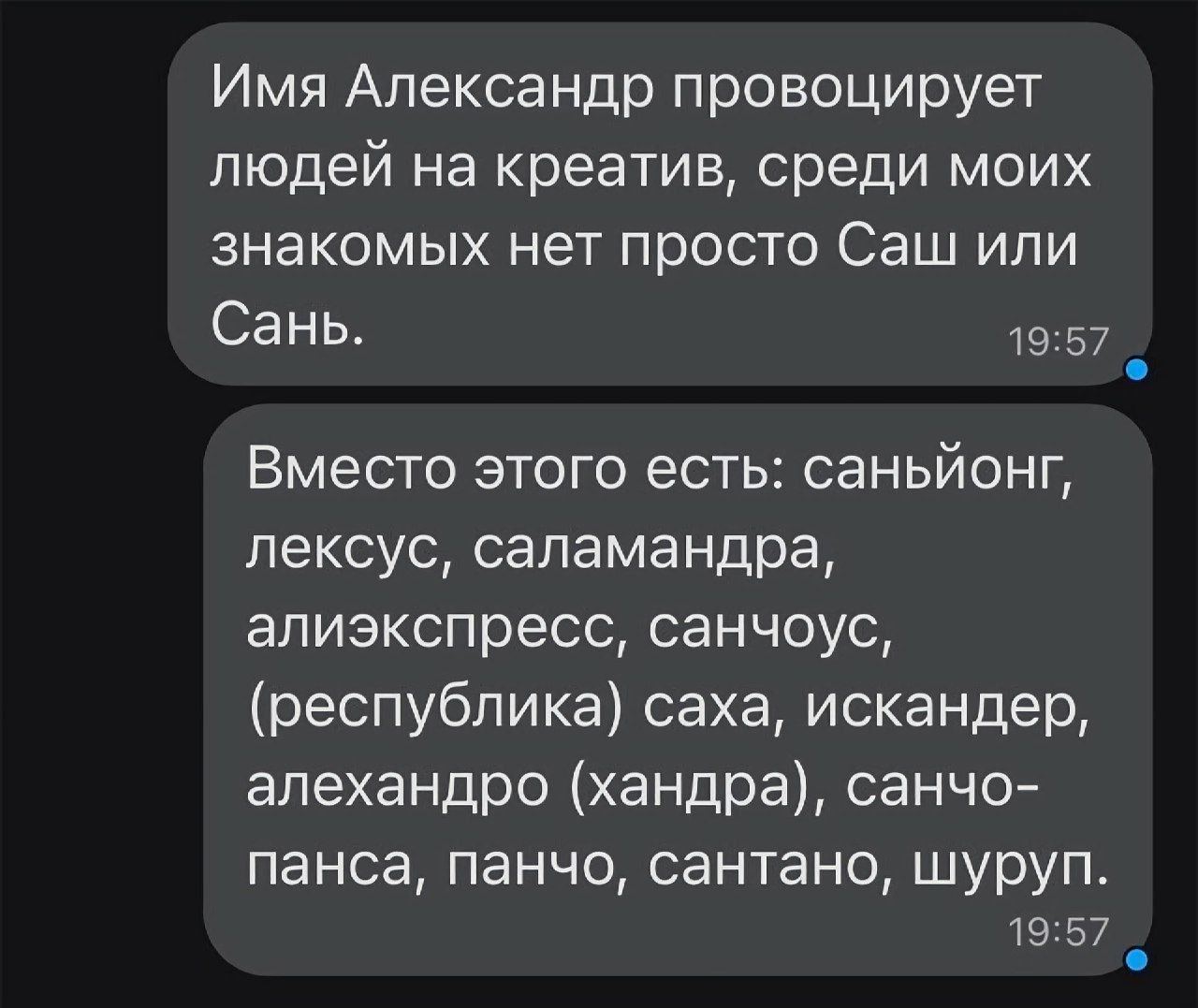 Имя Александр провоцирует людей на креатив, среди моих знакомых нет просто Саш или Сань. Вместо этого есть: саньйонг, лексус, саламандра, алиэкспресс, санчоус, (республика) саха, искандер, алехандро (