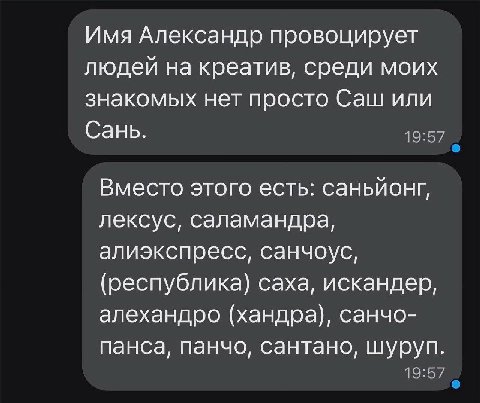 Имя Александр провоцирует людей на креатив, среди моих знакомых нет просто Саш или Сань. Вместо этого есть: саньйонг, лексус, саламандра, алиэкспресс, санчоус, (республика) саха, искандер, алехандро (