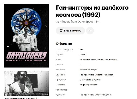Геи-ниггеры из далёкого космоса (1992) Gayniggers from Outer Space 18+ Буду смотреть О фильме дства 1992 Год прои Страна Дания Жанр короткометражка, фантастика, комедия FROM OUTER SPACE Слоган Режиссе