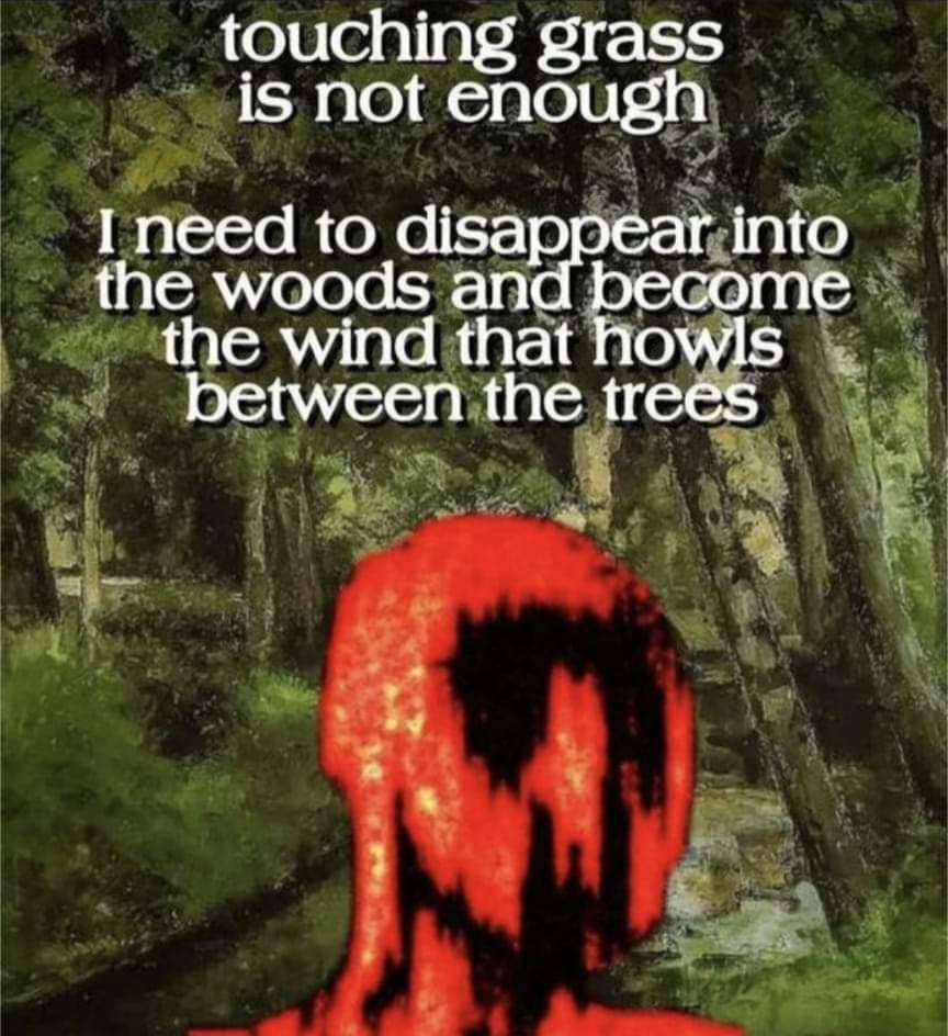 touching grass is not enough I need to disappear into tne Woo an есоте the wind that howls between the trees