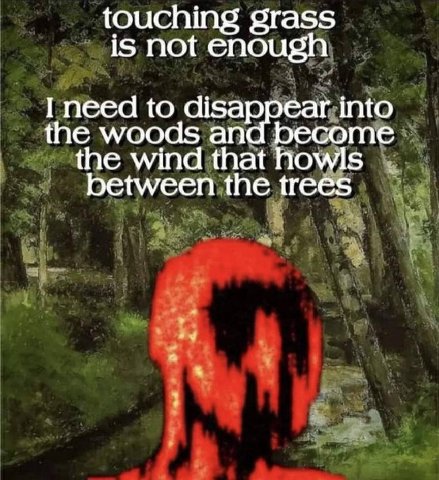 touching grass is not enough I need to disappear into tne Woo an есоте the wind that howls between the trees