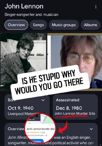 John Lennon Singer-songwriter and musician Overview Songs Music groups Albums я Во Assassinated Oct 9, 1940 Dec 8, 1980 Liverpool John Lennon Murder Site Overview 44 (108) John an English singer. song