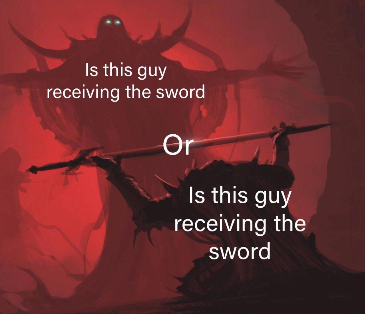 Is this guy receiving the sword Or Is this guy receiving the sword