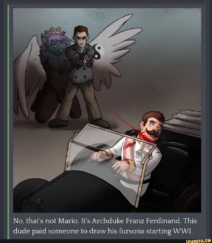 No, that's not Mario. It's Archduke Franz Ferdinand. This dude paid someone to draw his fursona starting WWI.