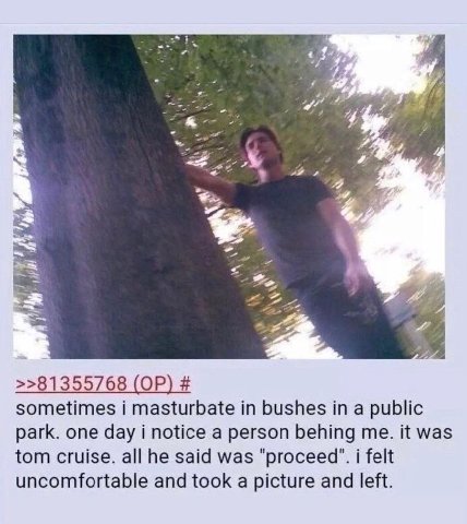 >>81355768 sometimes i masturbate in bushes in a public park. one day i notice a person behing it was tom cruise. all he said was "proceed". i felt uncomfortable and took a picture and left.