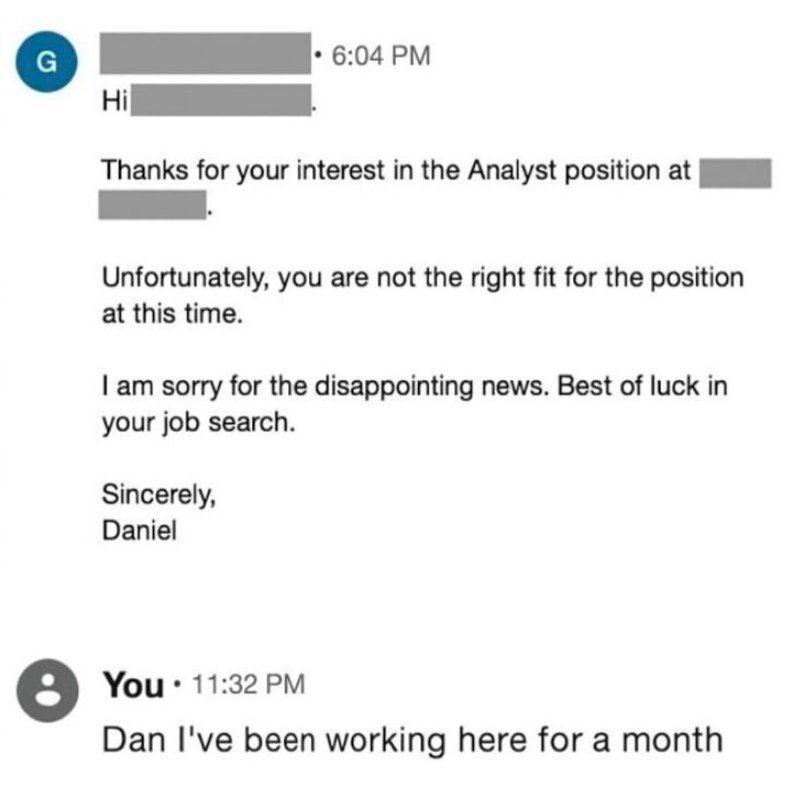 Thanks for your interest in the Analyst position at Unfortunately, you are not the right fit for the position at this time. sorry for the disappointing news. Best of luck in your job search. Sincerely