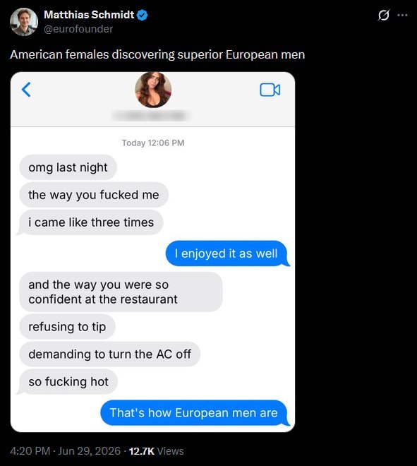Matthias Schmidt American females discovering superior European men omg last night the way you fucked me i came like three times and the way you were so confident at the restaurant refusing to tip dem