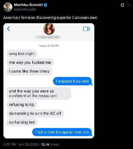 Matthias Schmidt American females discovering superior European men omg last night the way you fucked me i came like three times and the way you were so confident at the restaurant refusing to tip dem