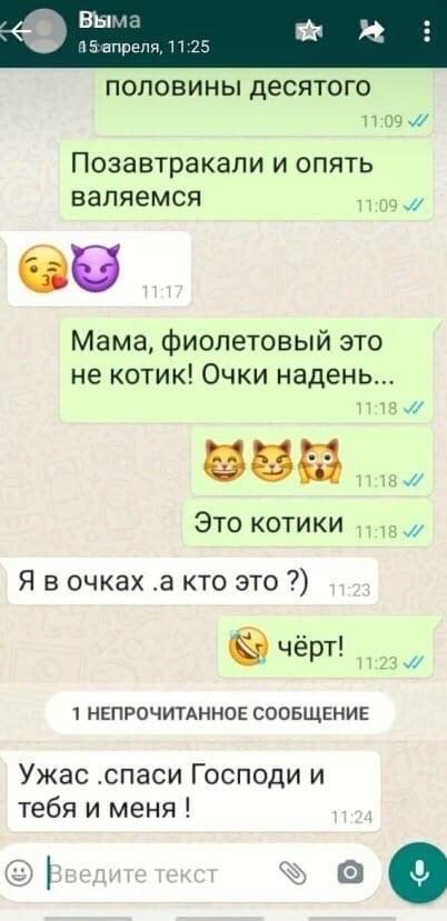Выма 8 5апреля, 11:25 половины десятого Позавтракали и опять валяемся Мама, фиолетовый это не котик! Очки надень Это котики Я в очках .а кто это чёрт! 1 НЕПРОЧИТАННОЕ СООБЩЕНИЕ Ужас .спаси Господи и т