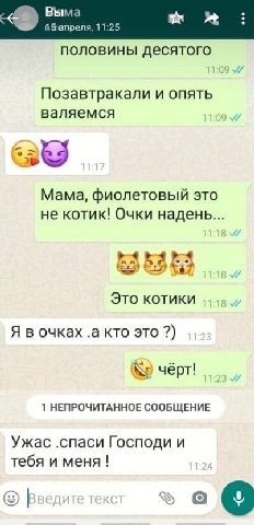 Выма 8 5апреля, 11:25 половины десятого Позавтракали и опять валяемся Мама, фиолетовый это не котик! Очки надень Это котики Я в очках .а кто это чёрт! 1 НЕПРОЧИТАННОЕ СООБЩЕНИЕ Ужас .спаси Господи и т