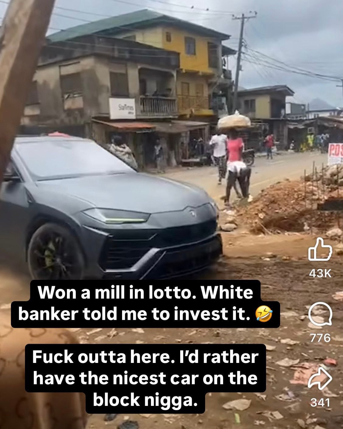on Won a lotto. White banker told me to invest it. Fuck outta here. rather have the nicest саг the block nigga