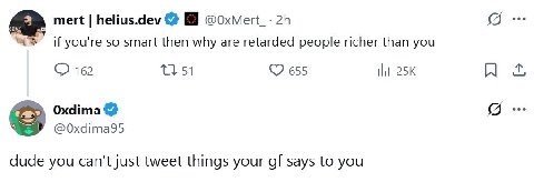 mert helius.dev @0xMert_- 5 if you're so smart then why are retarded people richer than you 162 С7 655 НИ A Oxdima 8 @Oxdima95 dude you can't just tweet things your says to you