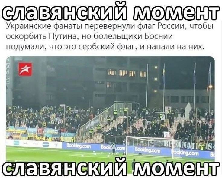 Украинские фанаты перевернули флаг России, чтобы оскорбить Путина, но болельщики Боснии подумали, что это сербский флаг, и напали на них.