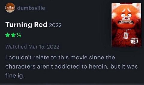 dumbsville Turning Red 2022 RED Watched Mar 15, 2022 couldn't relate to this movie since the characters aren't addicted to heroin, but it was fine