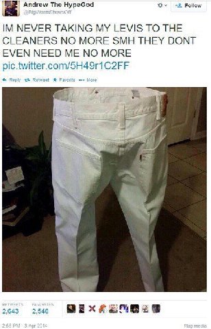 Andrew The HypeGod tiv Follow NEVER TAKING MY LEVIS TO THE CLEANERS NO MORE SMH THEY DONT EVEN NEED ME NO MORE pic.twitter.com/SH49r1 C2FF 2.643 2.546