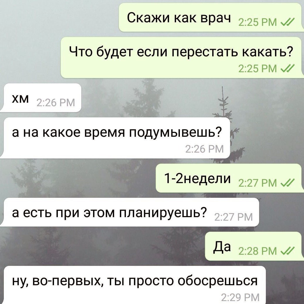 Скажи как врач 9-95 Что будет если перестать какать? 2:25 ана какое время подумывешь? 2:26 1-2недели 9.07 а есть при этом планируешь? Да ну, во-первых, ты просто обосрешься 2:29