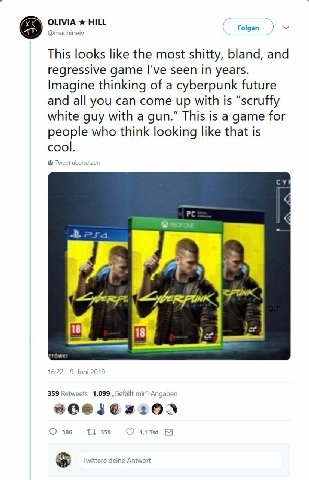 OLIVIA @machineiv This looks like the most shitty, bland, and regressive game I've seen In years. Imagine thinking of a cyberpunk future and all you can come up with is “scruffy white guy with a gun.”