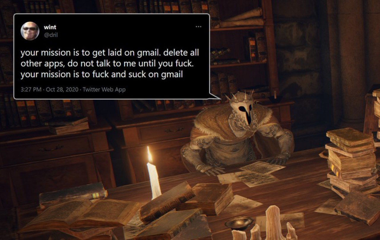 мы wint @dril your mission is to get laid on gmail. delete all other apps, not talk to me until you fuck. your mission is to fuck and suck on gmail 3:27 Oct 28, 2020 Twitter Web App