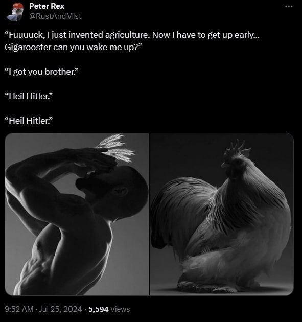 Peter Rex @RustAndMist “Fuuuuck, just invented agriculture. Now have to get up early... Gigarooster can you wake me up?” got you brother.” “Heil Hitler.” “Heil Hitler.” Vid я 9:52 Jul 25, 2024 5,594 V