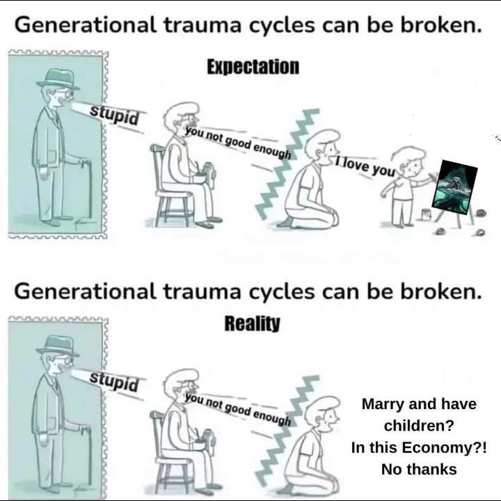 Generational trauma cycles can be broken. Expectation a Generational trauma cycles can be broken. Reality С Маму and have 9004 a children? In this Economy?! No thanks 24