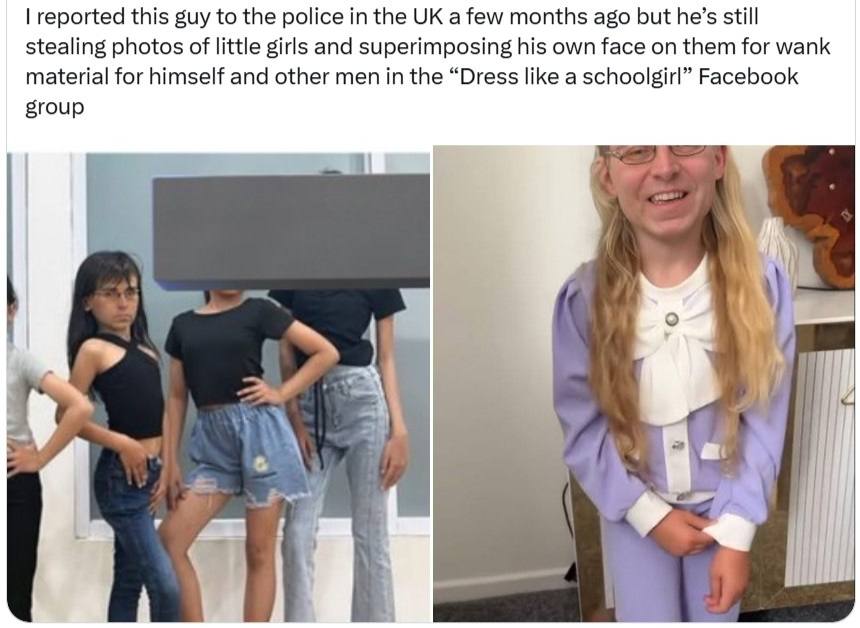 reported this guy to the police in the a few months ago but he’s still stealing photos of little girls and superimposing his own face on them for wank material for himself and other men in the “Dress 