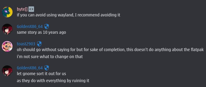 Бей vou can avoid using I recommend avoiding it same story as 10 years ago should without saying for but for sake of completion. this doesn't anything about the flatpak not sure what to change on that