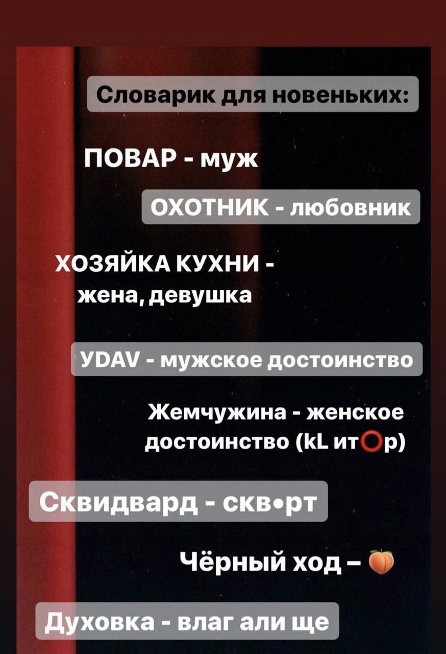 ПОВАР муж ОХОТНИК любовник ХОЗЯЙКА КУХНИ жена, девушка YDAV мужское достоинство Жемчужина женское достоинство Сквидвард CKBepT Чёрный ход Духовка влагалище